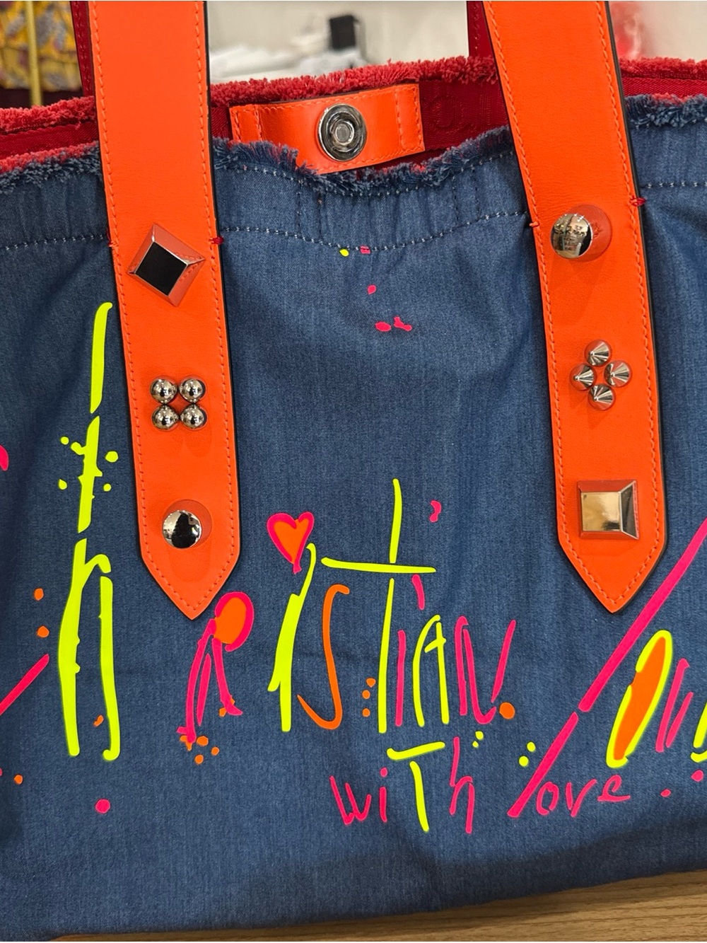 Orange-Handle Denim Tote Bag with Neon Graffiti